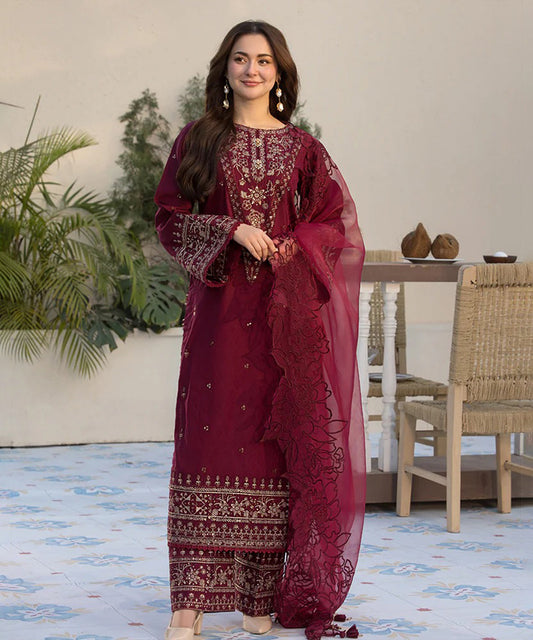 Lawn-3PC Embroidered Shirt with Organza Embroidered Dupatta- 1351