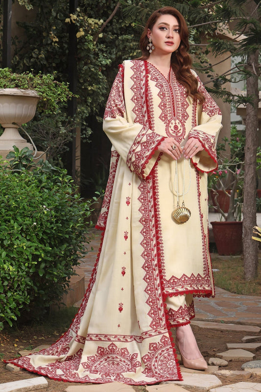 3PC UNSTITCH DHANAK EMBROIDERED SHIRT WITH EMBROIDERED SHAWL & TROUSER- 672